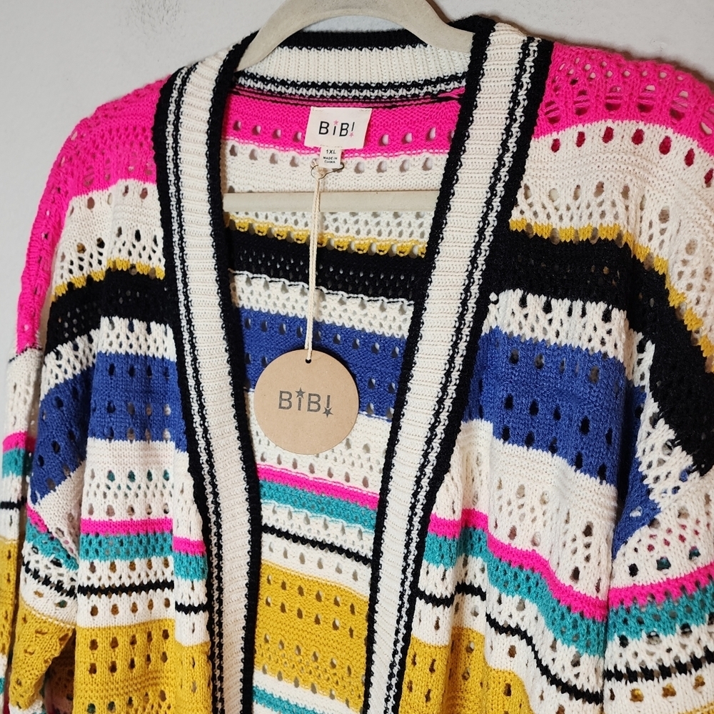 NWT Bibi Knit Multi Striped Pointelle Cardigan. Size 1X. - Picture 5 of 16